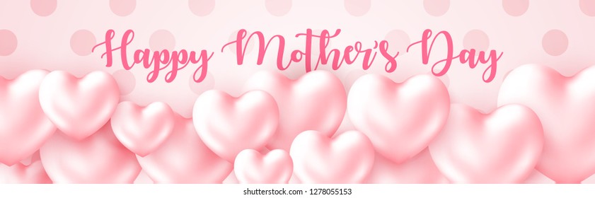 Beautiful Mother's Day banner with 3d glossy Pink Hearts. Poster with a place for text isolated on cute polca dot pattern. Vector illustration for newsletter, brochure, postcard, ticket, advertisement