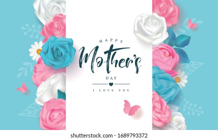 Beautiful mother's day card with roses, peonies, daisies and butterflies.Template design for banner, flyer, card, invitation.Vector illustration