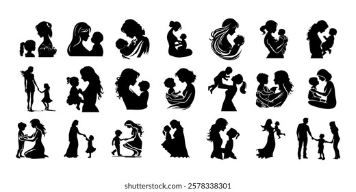 Beautiful Mother's Day Design with Mother and Child Silhouette Icon set. Perfect for T-Shirts, Wallpapers, Posters, Celebrating Love, Bond, Motherhood with Elegant Symbolic Art Vector illustration.