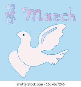 Beautiful mother's day greeting card. White dove in the blue sky. Congratulations to International Women's Day.