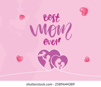 Beautiful Mother's Day illustration featuring a mother and child silhouette, heart shapes, and pink tones. Perfect for greeting cards, posters, and social media designs