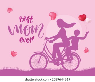 Beautiful Mother's Day illustration featuring a mother and child cycling together, surrounded by heart balloons and pink tones. Perfect for greeting cards, posters, and social media designs