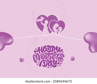 Beautiful Mother's Day illustration featuring heart-shaped silhouettes of a mother with her child, surrounded by purple hearts. Ideal for greeting cards, posters, and social media designs