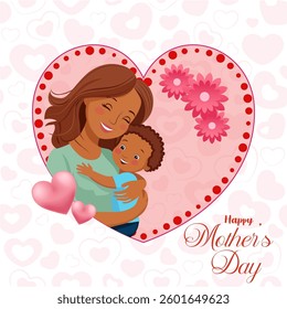 Beautiful Mother's Day illustration featuring a loving mother embracing her child inside a heart-shaped frame with floral decorations, pink hearts, and elegant "Happy Mother's Day" text.