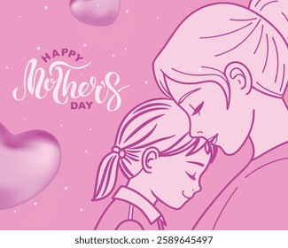 Beautiful Mother's Day illustration of a loving mother and daughter sharing a tender moment, symbolizing warmth and affection. Ideal for greeting cards, social media, and posters