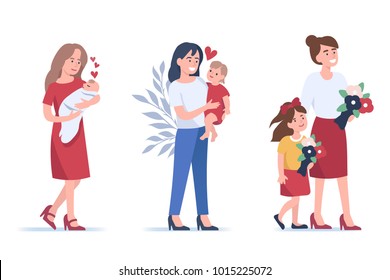 
Beautiful mothers with kids. Flat style illustration isolated on white background.
