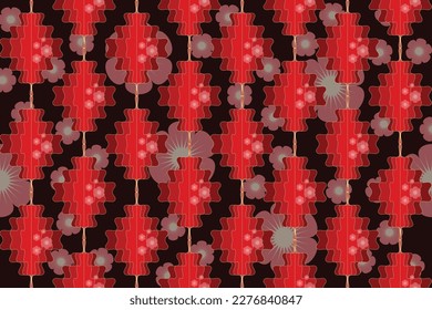 Beautiful Motif Ogee Chinese red cherry blossom flowers lantern ethnic seamless pattern. Asian chinese style. Design for wallpaper, backdrop, fabric, home decor, clothing, throw pillows, greeting card