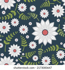 Beautiful motley floral seamless pattern. Light art flowers and green smooth branches with leaves are randomly located on a dark azure background. Vector.