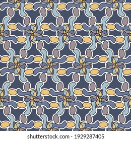 beautiful motley geometric seamless pattern. rounded shapes and curved polygons with black strokes are grouped and lined up in rows on white background. vector