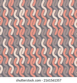 Beautiful motley geometric seamless pattern. Gently curved stripes lined up in rows. Warm tones. Vector.