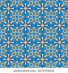 Beautiful motley seamless pattern in beige and blue tones. Overlapping art forms, stripes, polygons, segments are grouped and arranged in a certain order. Vector. 