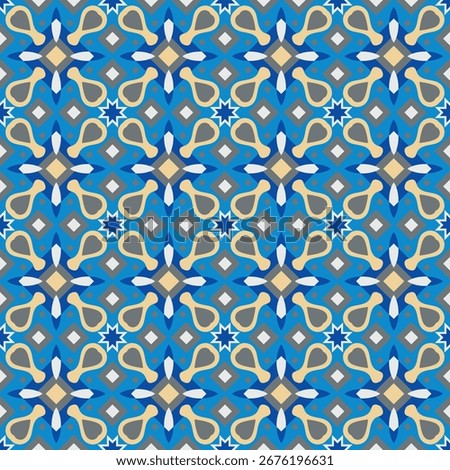 Beautiful motley seamless pattern in beige and blue tones. Overlapping art forms, stripes, polygons, segments are grouped and arranged in a certain order. Vector. 