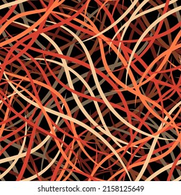 Beautiful motley seamless pattern. Chaotically intertwined beige, orange, red wavy stripes on a black background. Vector.