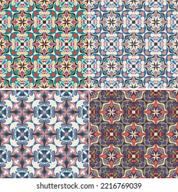 Beautiful motley seamless pattern. Overlapping stripes, polygons, segments and shapes are grouped and arranged in a certain order. Vector set.