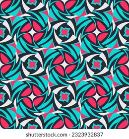 Beautiful motley seamless pattern in pink turquoise tones. Art forms are grouped and arranged in a specific order. Vector image for print, textile, packaging, interior design and your other projects.