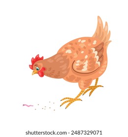 Beautiful mottled hen found a worm. In cartoon style. Isolated on white background. Vector flat illustration