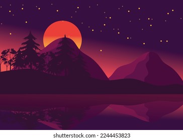 beautiful of mountain background landscape during night time with stars and mountain reflections on the river
