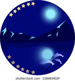 Beautiful mountain background at night with shadow from the moon nvd by the sea.