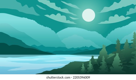 Beautiful mountain forest and lake landscape background walpaper vectors and ilustrations