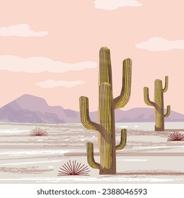 Beautiful mountain, hill, desert with cactus plants landscape vector illustration background.