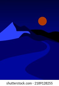 Beautiful mountain hill on sunset sunrise landscape vector illustration background.
