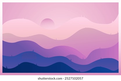 beautiful mountain illustration landscape vector with moon or sunset dawn scene