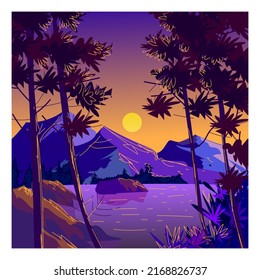 Beautiful mountain, lake, river landscape vector illustration nature background.