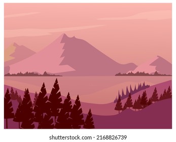 Beautiful mountain, lake, river landscape vector illustration nature background.