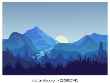 Beautiful mountain, lake, river landscape vector illustration nature background.