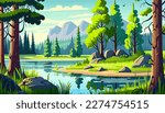 Beautiful mountain lake scenery with clear still water, mountain ridge, dense forest, meadow shores and tall pine trees in the foreground.