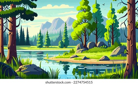 Beautiful mountain lake scenery and clear still water  mountain ridge  dense forest  meadow shores   tall pine trees in the foreground 