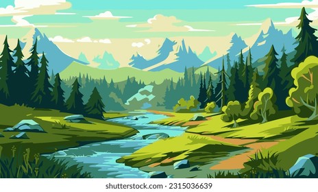 Beautiful mountain lake scenery with clear still water, mountain ridge, dense forest, meadow shores and tall pine trees in the foreground.