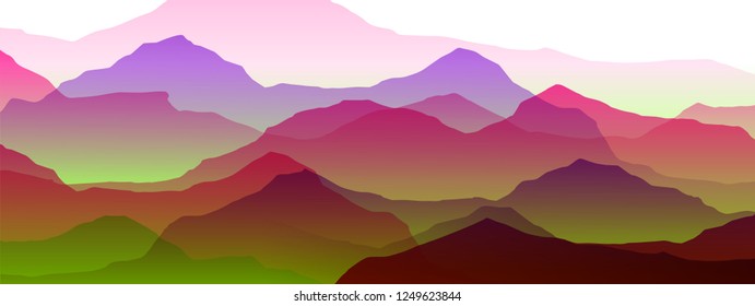 beautiful mountain landscape, abstract vector background for design, pink, purple, green colors