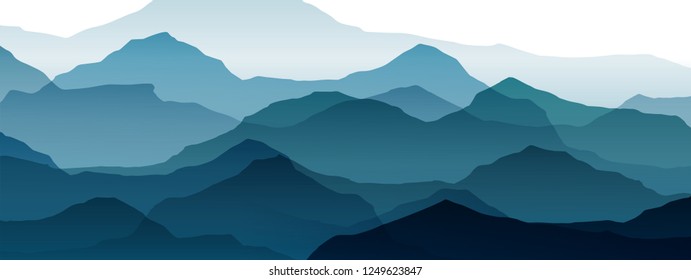 Beautiful Mountain Landscape, Abstract Vector Background For Design, Of Blue Color