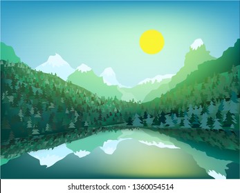 Beautiful mountain landscape. Big snow rocks, sunny day on a wild. Big lake with reflection. Trendy modern design. Colorful outdoor concept. 