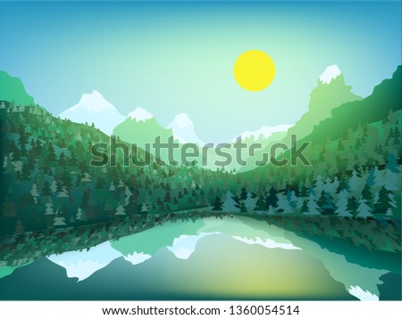 Beautiful mountain landscape. Big snow rocks, sunny day on a wild. Big lake with reflection. Trendy modern design. Colorful outdoor concept. 