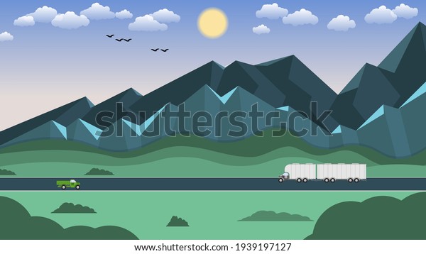 beautiful mountain\
landscape. cars drive along the road against the background of\
forest, hills, mountains, sky with sun, clouds, silhouettes of\
flying birds. vector