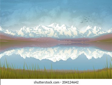 Beautiful mountain landscape with a clear lake and meadow