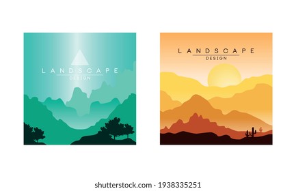 Beautiful Mountain Landscape at Day and Evening Time, Peaceful Nature Background, Banner, Poster, Cover Set Vector Illustration