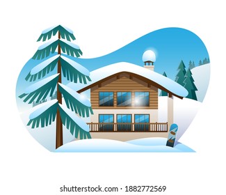 Beautiful mountain landscape in delicate shades. Image of an Alpine Chalet on the background of a mountain landscape.