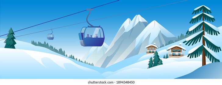 Beautiful mountain landscape in delicate shades. Image of a funicular on the background of a mountain winter landscape. A template of horizontal banner. Vector illustration.