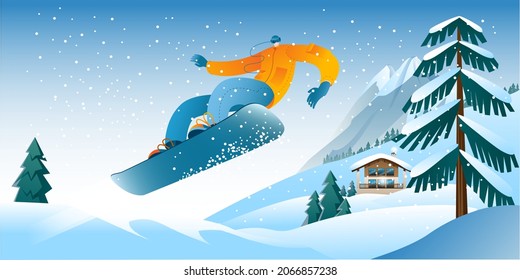 Beautiful mountain landscape in delicate shades. Image of a snowboarder in sunny weather against the background of mountains. A template of horizontal banner. Vector illustration.