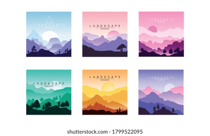 Beautiful Mountain Landscape in Different Times of Day Set, Summer Sceneries of Nature for Poster, Banner, Flyer or Cover Vector Illustration