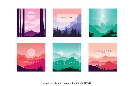 Beautiful Mountain Landscape in Different Times of Day Set, Summer Nature Scenery for Poster, Banner, Flyer or Cover Vector Illustration