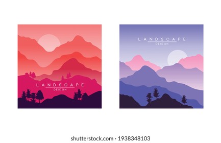 Beautiful Mountain Landscape at Different Times of Day, Peaceful Nature Background, Banner, Poster, Cover Set Vector Illustration