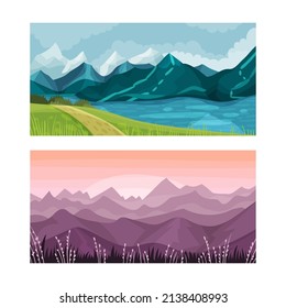 Beautiful mountain landscape in evening and under purple morning sky vector illustration