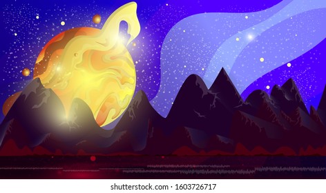 Beautiful mountain landscape with an exotic planet on a starry sky background