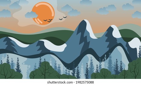 beautiful mountain landscape. flat design. coniferous forest against the background of hills, mountains, sky with the sun, clouds, silhouettes of flying birds. vector