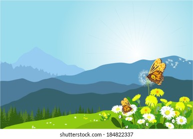 Beautiful mountain landscape with flowers and butterflies