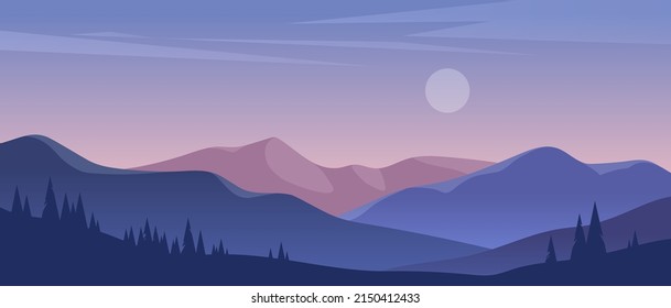 Beautiful mountain landscape with fog and forest. Outdoor and hiking concept. Vector illustration